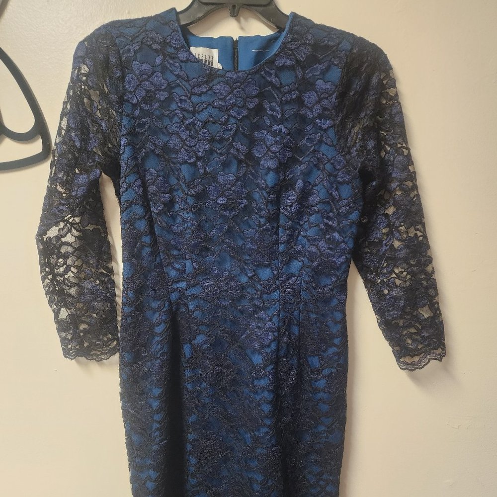 Leslie Fay blue dress with black overlay long sleeve 10 Cocktail Wedding